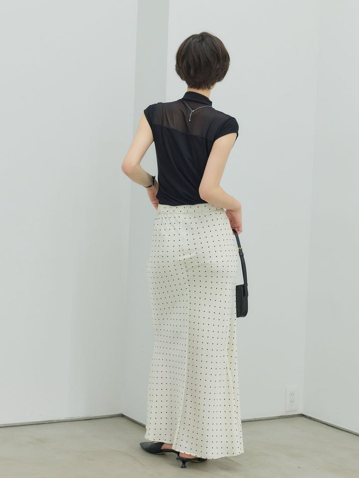 【SET】シアー切替ボトルネックフレンチスリーブストレッチカットソー+【Essential】Wrap design satin mermaid skirt(2set)
