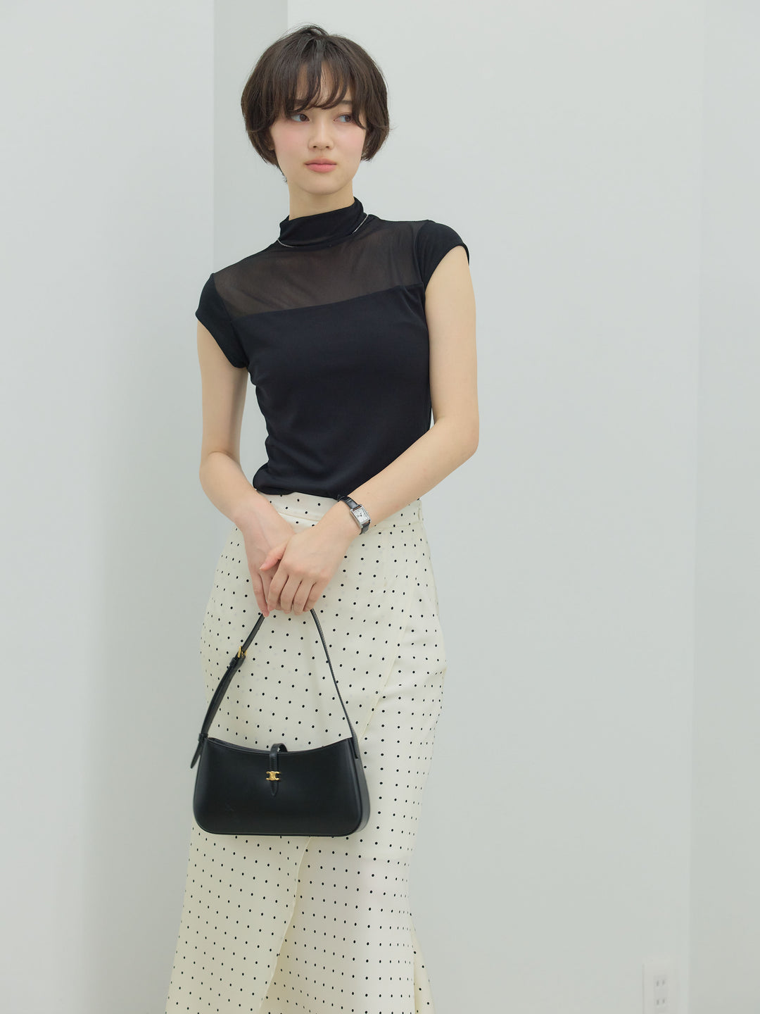 【SET】シアー切替ボトルネックフレンチスリーブストレッチカットソー+【Essential】Wrap design satin mermaid skirt(2set)