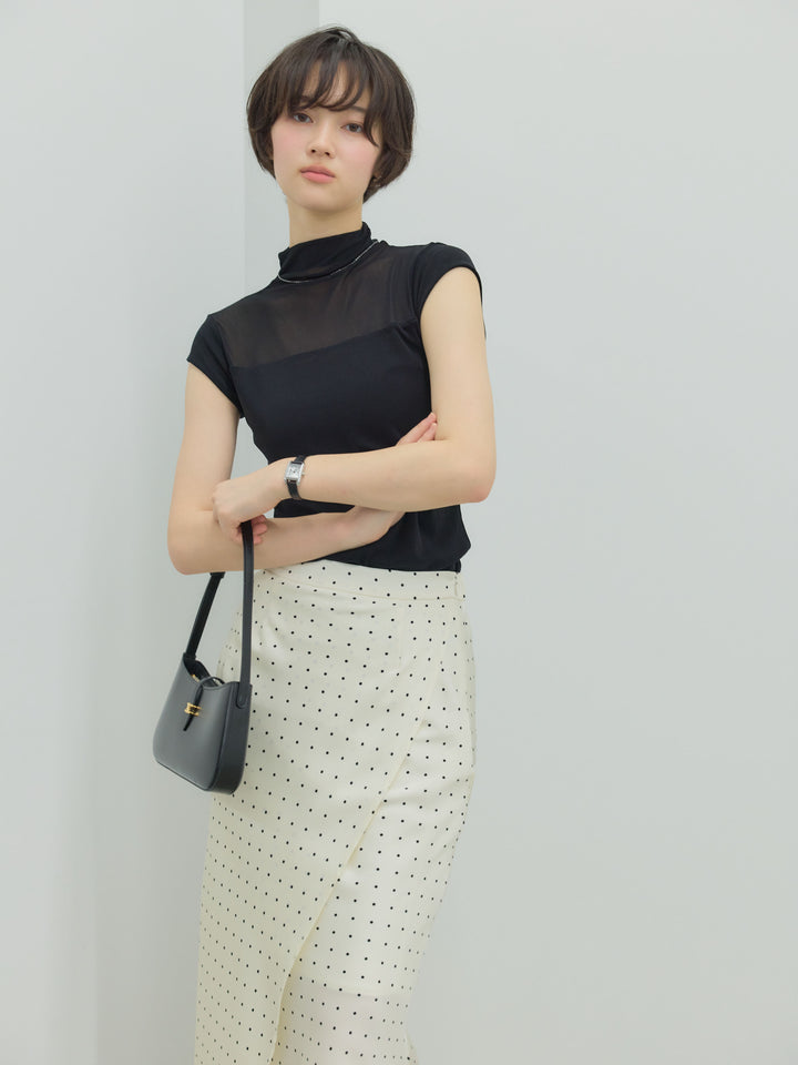 【SET】シアー切替ボトルネックフレンチスリーブストレッチカットソー+【Essential】Wrap design satin mermaid skirt(2set)