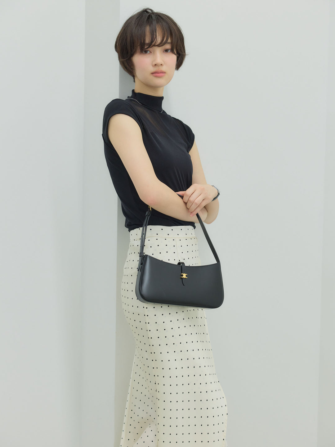 【SET】シアー切替ボトルネックフレンチスリーブストレッチカットソー+【Essential】Wrap design satin mermaid skirt(2set)
