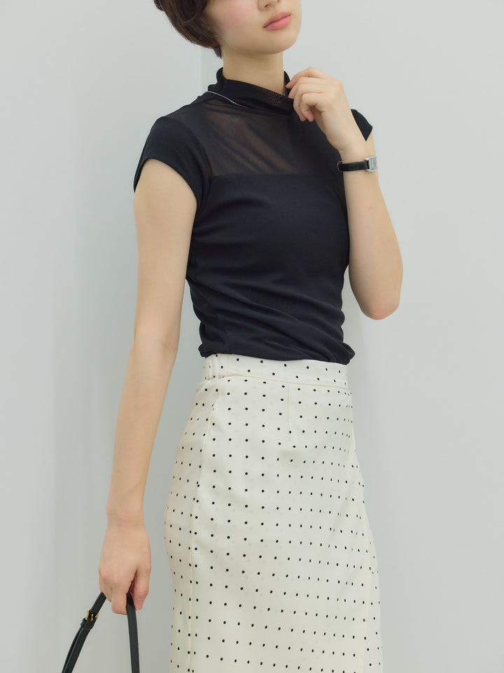 【SET】シアー切替ボトルネックフレンチスリーブストレッチカットソー+【Essential】Wrap design satin mermaid skirt(2set)