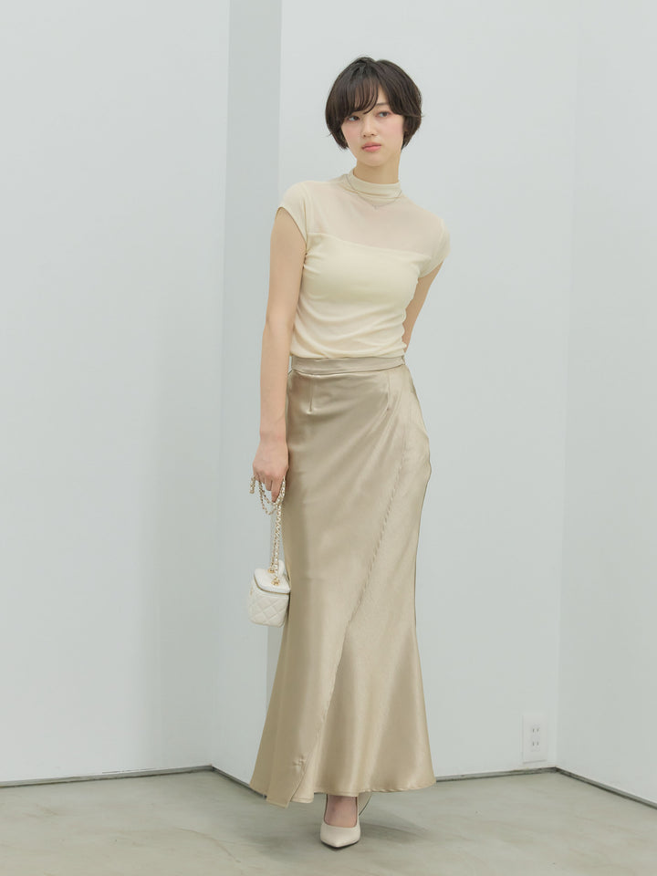 【SET】シアー切替ボトルネックフレンチスリーブストレッチカットソー+【Essential】Wrap design satin mermaid skirt(2set)