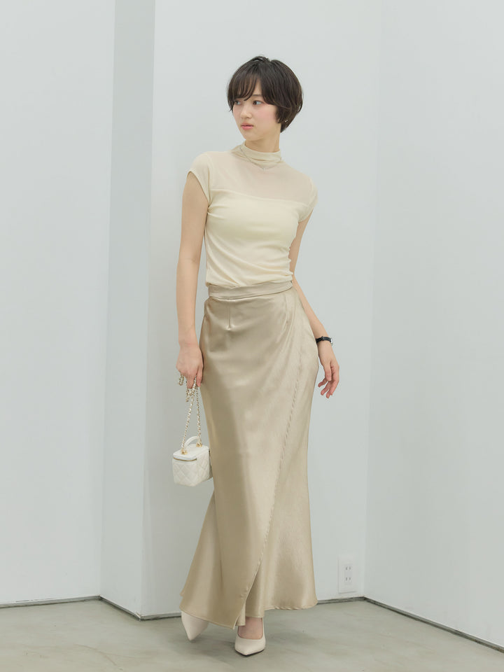 【SET】シアー切替ボトルネックフレンチスリーブストレッチカットソー+【Essential】Wrap design satin mermaid skirt(2set)
