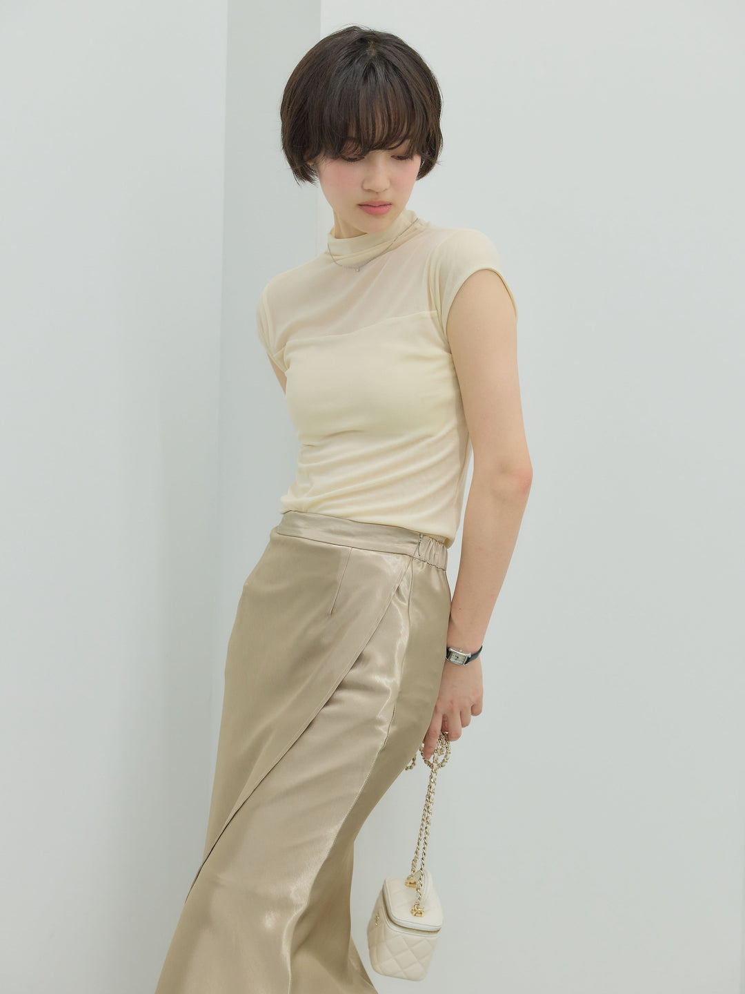 【SET】シアー切替ボトルネックフレンチスリーブストレッチカットソー+【Essential】Wrap design satin mermaid skirt(2set)