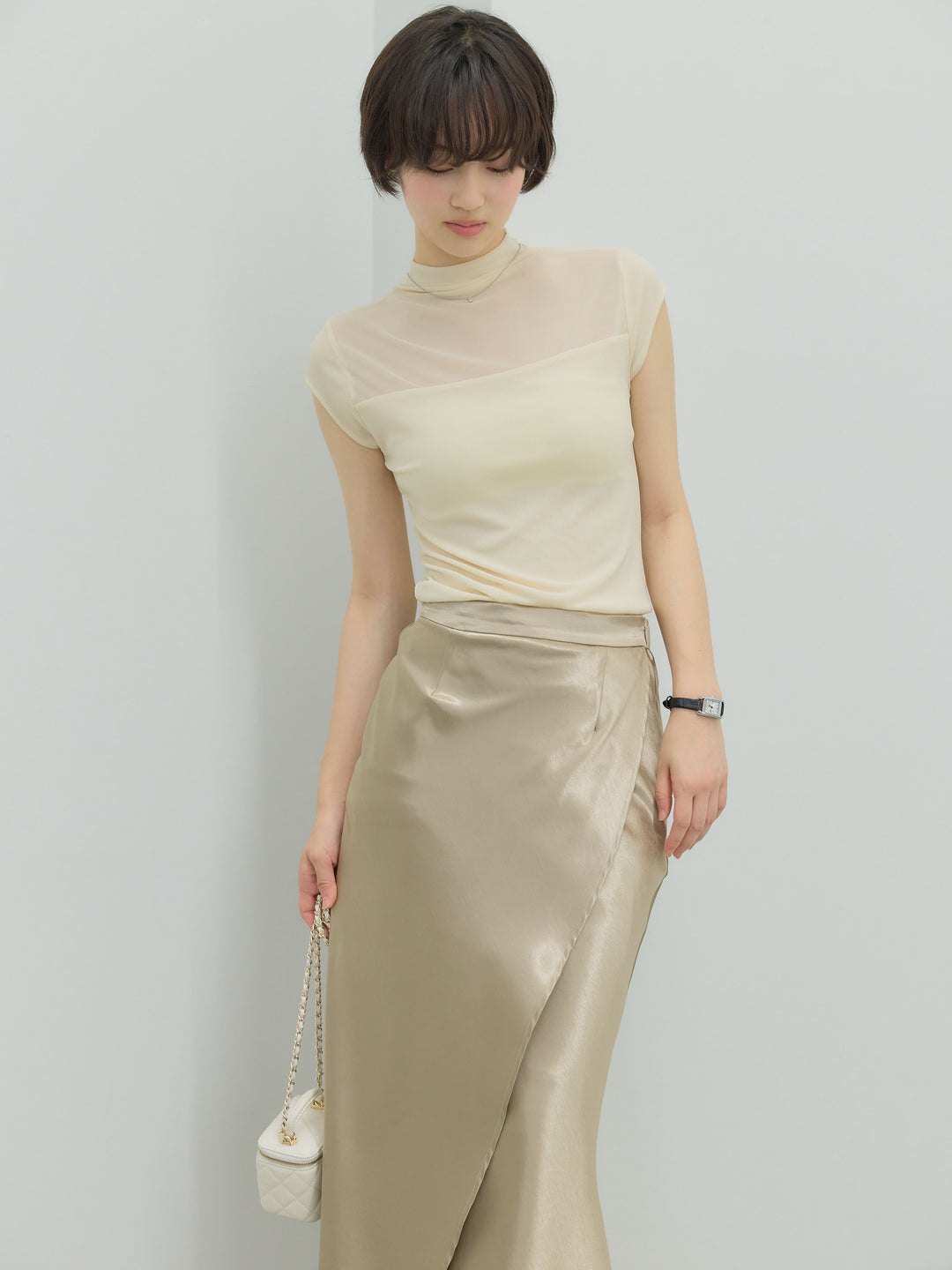 【SET】シアー切替ボトルネックフレンチスリーブストレッチカットソー+【Essential】Wrap design satin mermaid skirt(2set)