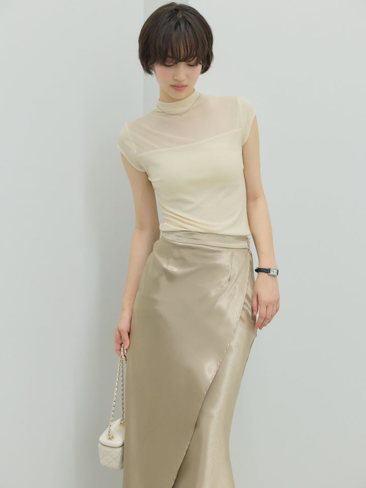 【SET】シアー切替ボトルネックフレンチスリーブストレッチカットソー+【Essential】Wrap design satin mermaid skirt(2set)