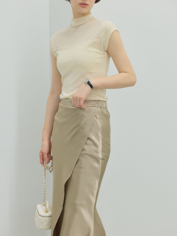 【SET】シアー切替ボトルネックフレンチスリーブストレッチカットソー+【Essential】Wrap design satin mermaid skirt(2set)