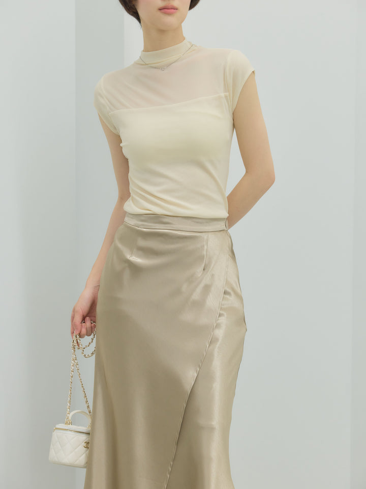【SET】シアー切替ボトルネックフレンチスリーブストレッチカットソー+【Essential】Wrap design satin mermaid skirt(2set)