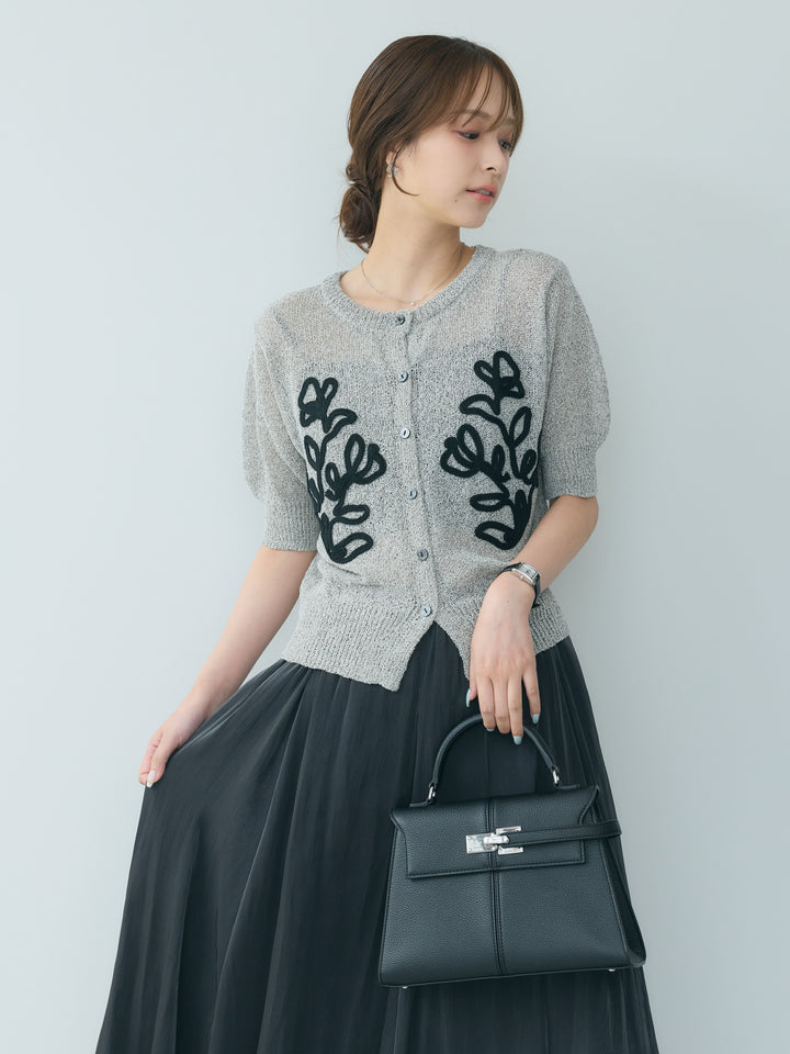 【SET】フラワーテープ刺繍半袖カーディガン+グロッシーフレアスカート(2set)