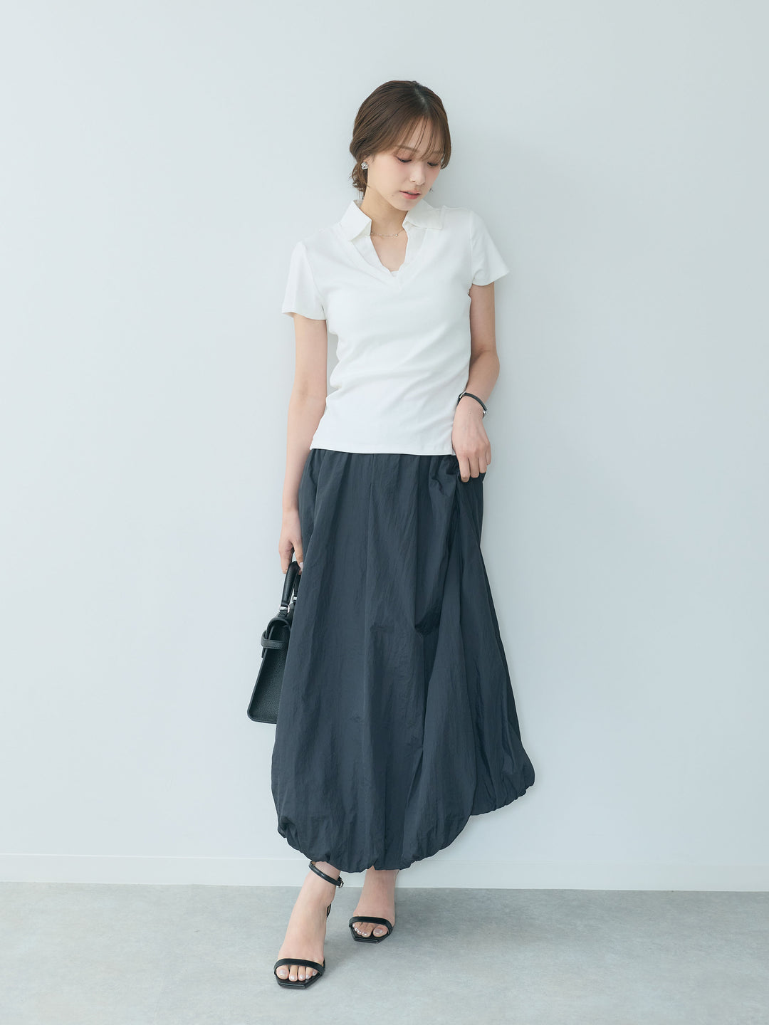 【SET】シャツドッキングVネックカットソー+ワッシャーバルーンロングスカート(2set)