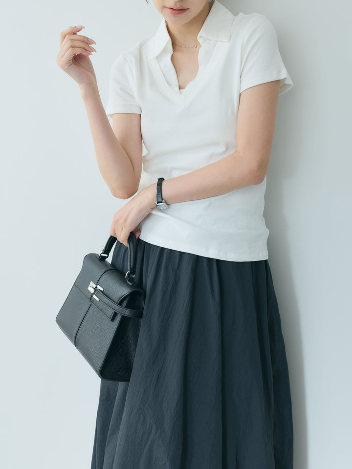 【SET】シャツドッキングVネックカットソー+ワッシャーバルーンロングスカート(2set)