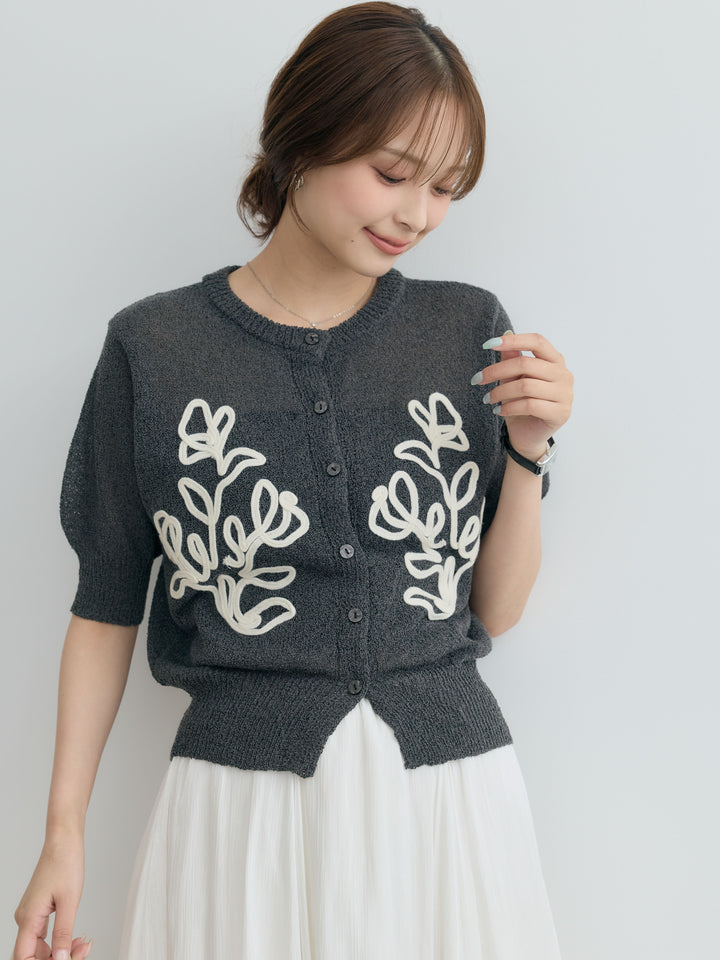 【SET】フラワーテープ刺繍半袖カーディガン+グロッシーフレアスカート(2set)