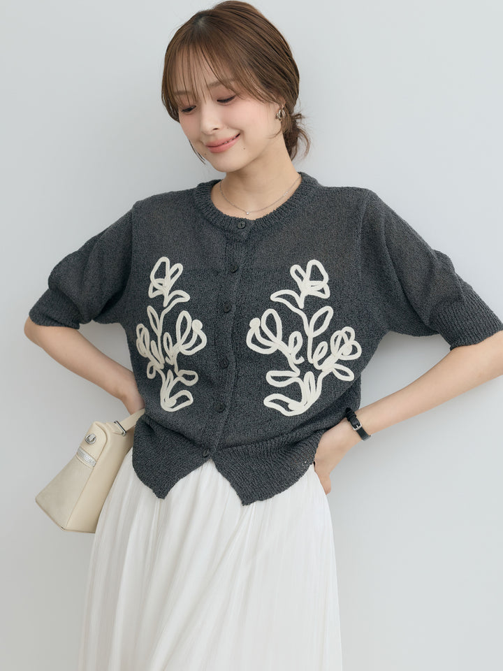 フラワーテープ刺繍半袖カーディガン