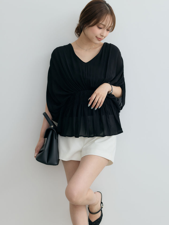 Vネックシャーリングシアーブラウス