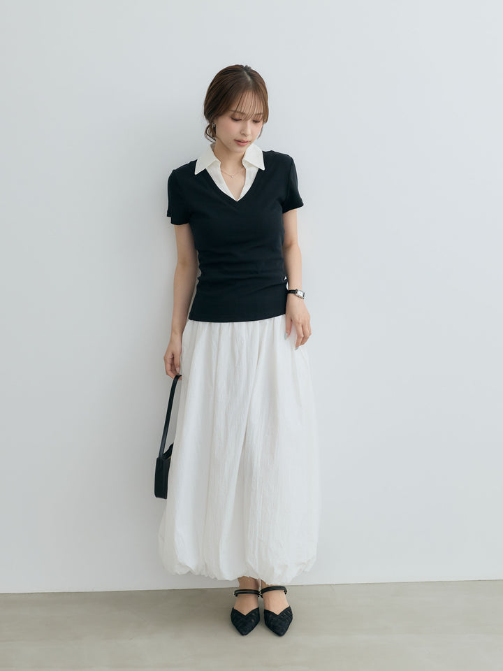 【SET】シャツドッキングVネックカットソー+ワッシャーバルーンロングスカート(2set)