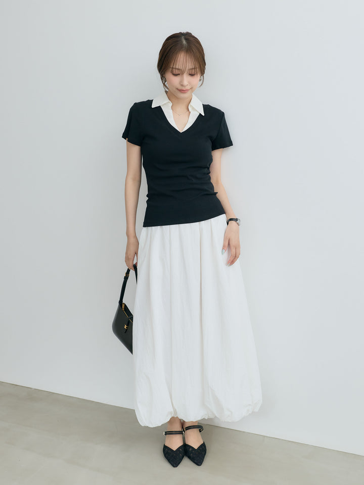 【SET】シャツドッキングVネックカットソー+ワッシャーバルーンロングスカート(2set)
