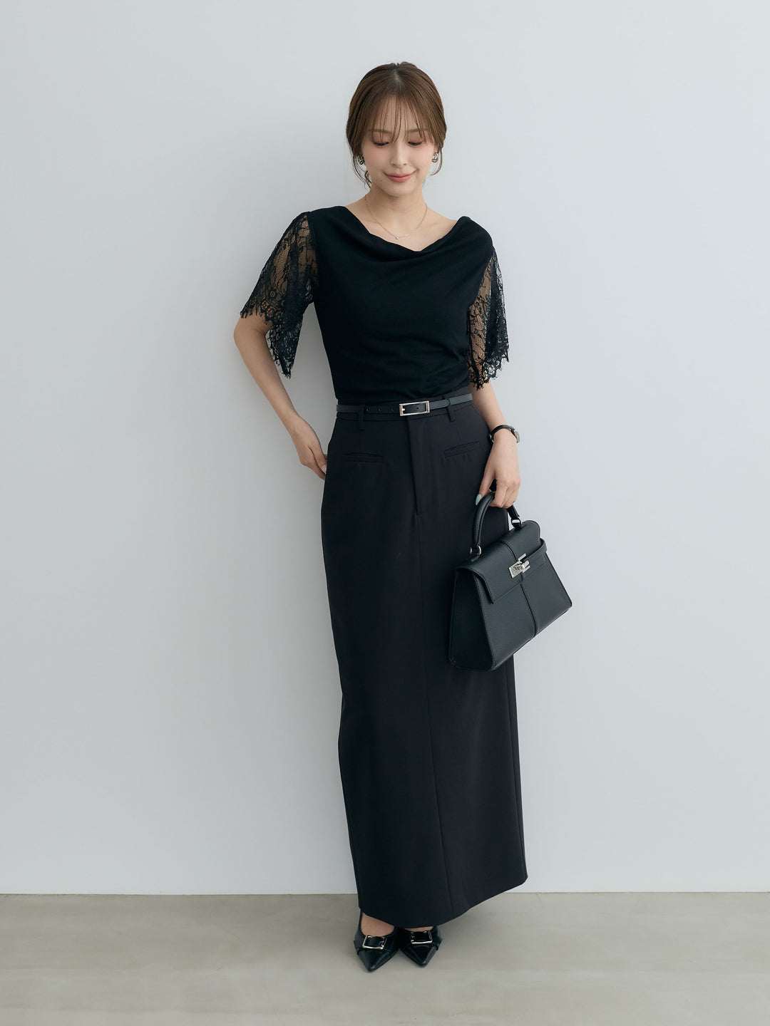 【SET】レーススリーブドッキングドレープカットソー+【Essential】Authentic pencil skrt(2set)