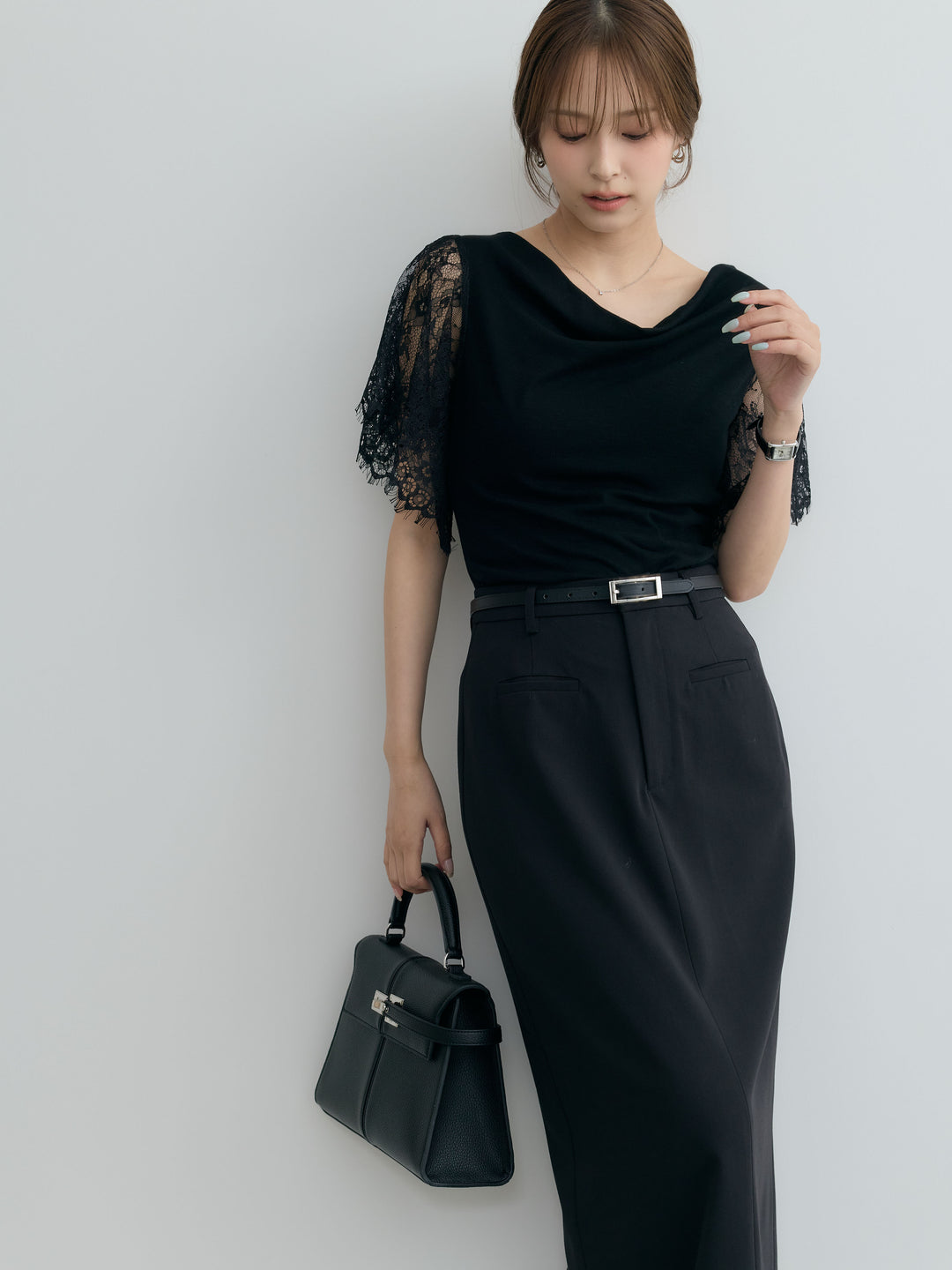 【SET】レーススリーブドッキングドレープカットソー+レーススリーブドッキングドレープカットソー(2set)