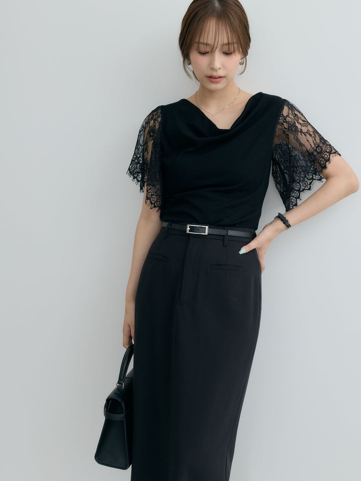 【SET】レーススリーブドッキングドレープカットソー+【Essential】Authentic pencil skrt(2set)