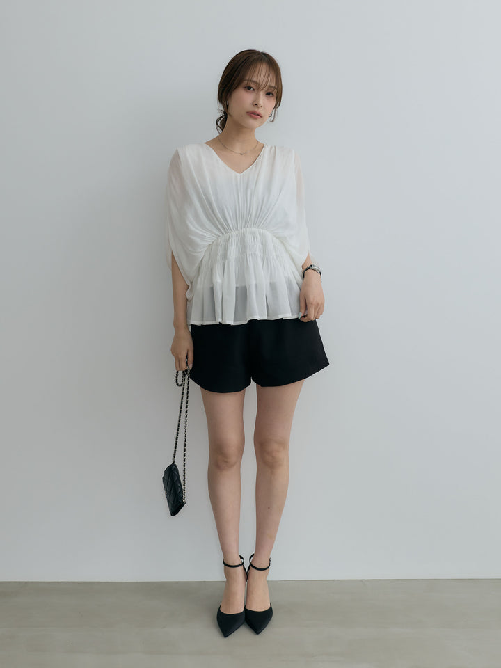 【SET】Vネックシャーリングシアーブラウス+ミニマルショートパンツ(2set)