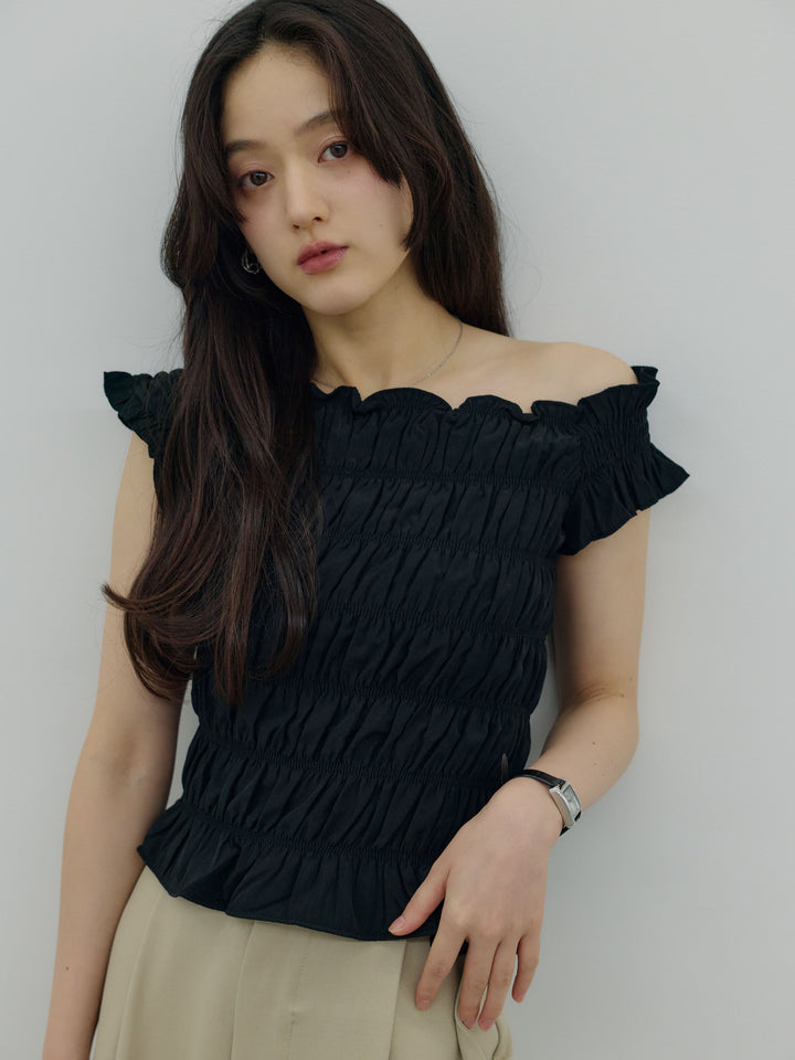 【SET】シャーリングアシメオフショルダーコンパクトトップス+シャーリングアシメオフショルダーコンパクトトップス(2set)