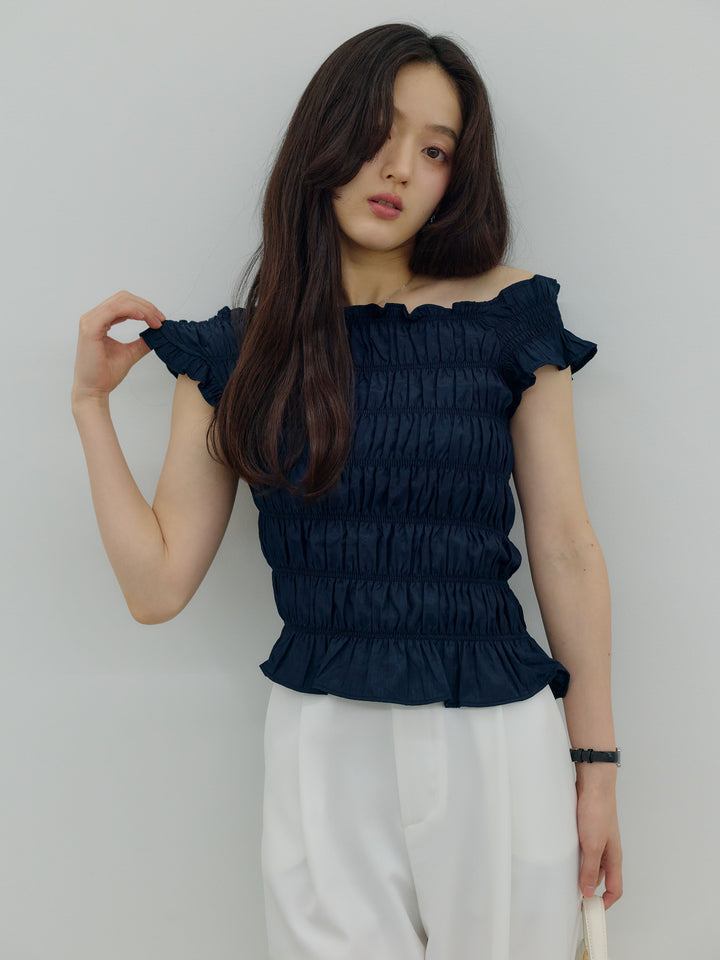 【SET】シャーリングアシメオフショルダーコンパクトトップス+シャーリングアシメオフショルダーコンパクトトップス(2set)