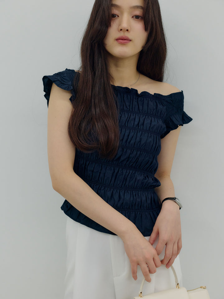 【SET】シャーリングアシメオフショルダーコンパクトトップス+シャーリングアシメオフショルダーコンパクトトップス(2set)
