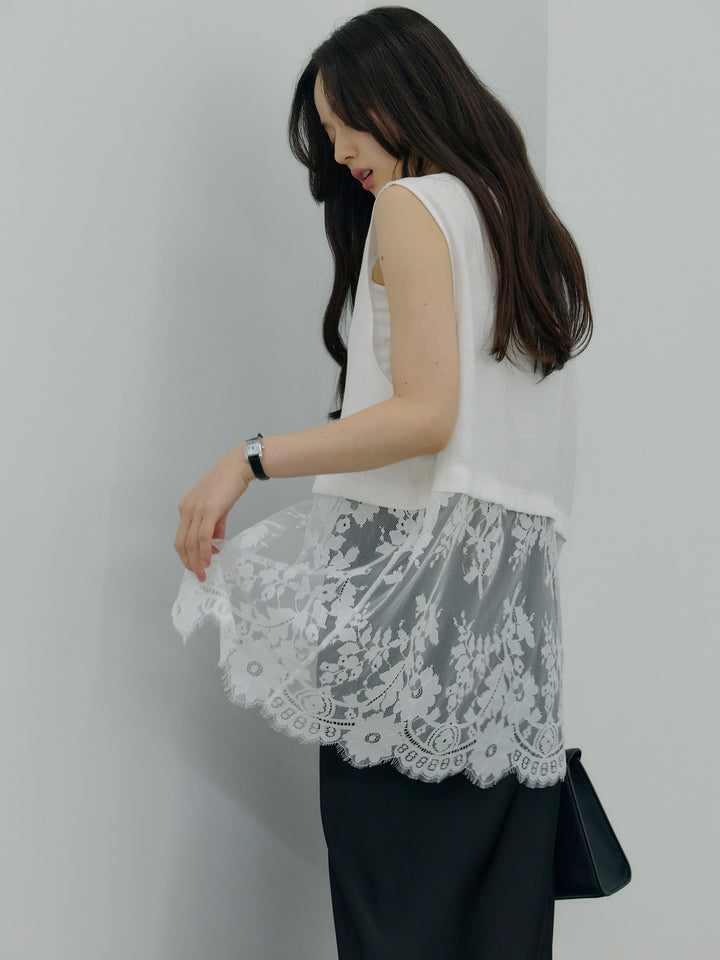 【SET】【Luxe series】レース切替アシメデザインノースリーブベスト+ライトサテンナロースカート(2set)