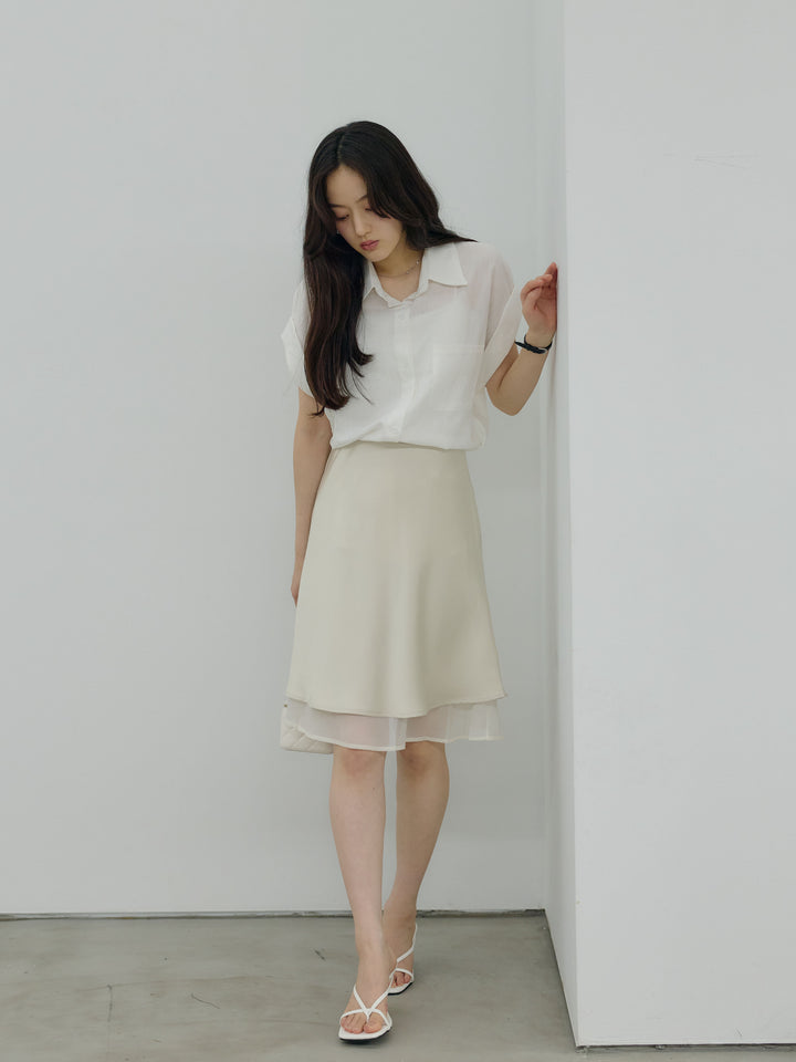 【SET】バックレースデザインオープンカラー半袖シャツ+チュールレイヤードサテンミディスカート(2set)