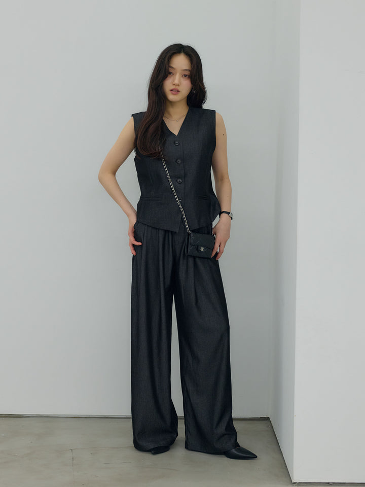 【Luxe series】グロッシーデニムライクベスト&グロッシーデニムライクタックパンツSET UP
