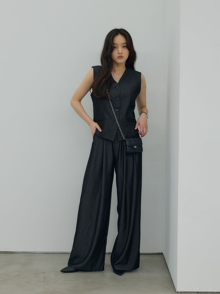 【Luxe series】グロッシーデニムライクベスト&グロッシーデニムライクタックパンツSET UP