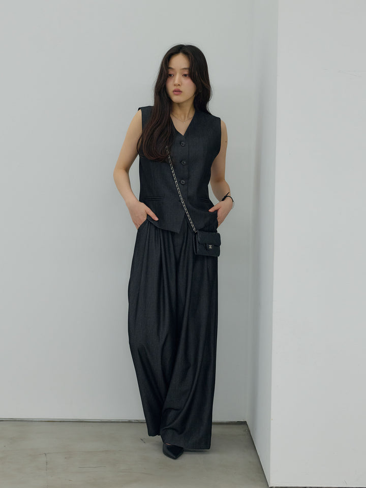 【Luxe series】グロッシーデニムライクベスト&グロッシーデニムライクタックパンツSET UP