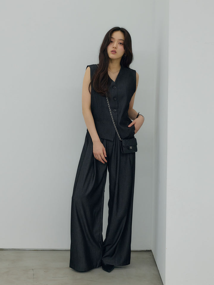 【Luxe series】グロッシーデニムライクベスト&グロッシーデニムライクタックパンツSET UP