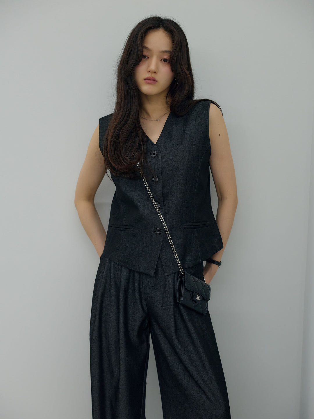 【Luxe series】グロッシーデニムライクベスト&グロッシーデニムライクタックパンツSET UP