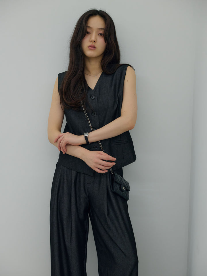 【Luxe series】グロッシーデニムライクベスト&グロッシーデニムライクタックパンツSET UP