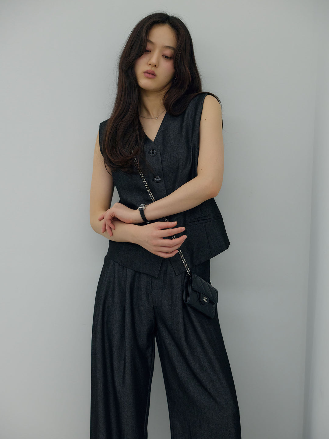【Luxe series】グロッシーデニムライクベスト&グロッシーデニムライクタックパンツSET UP