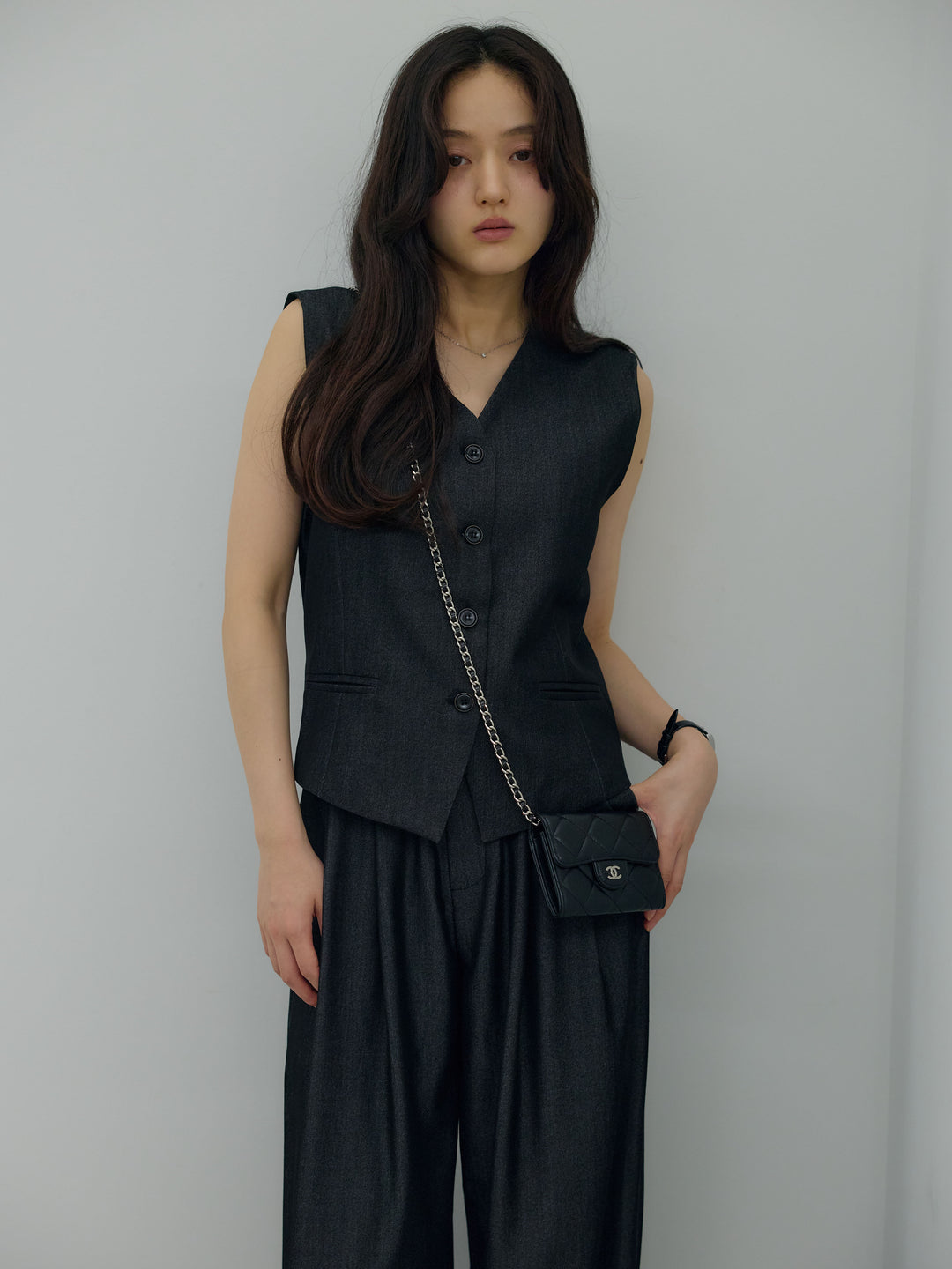 【Luxe series】グロッシーデニムライクベスト&グロッシーデニムライクタックパンツSET UP