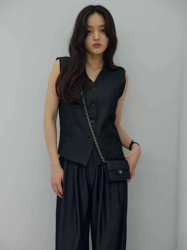 【Luxe series】グロッシーデニムライクベスト&グロッシーデニムライクタックパンツSET UP