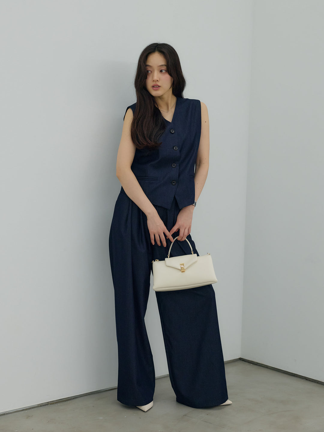 【Luxe series】グロッシーデニムライクベスト&グロッシーデニムライクタックパンツSET UP