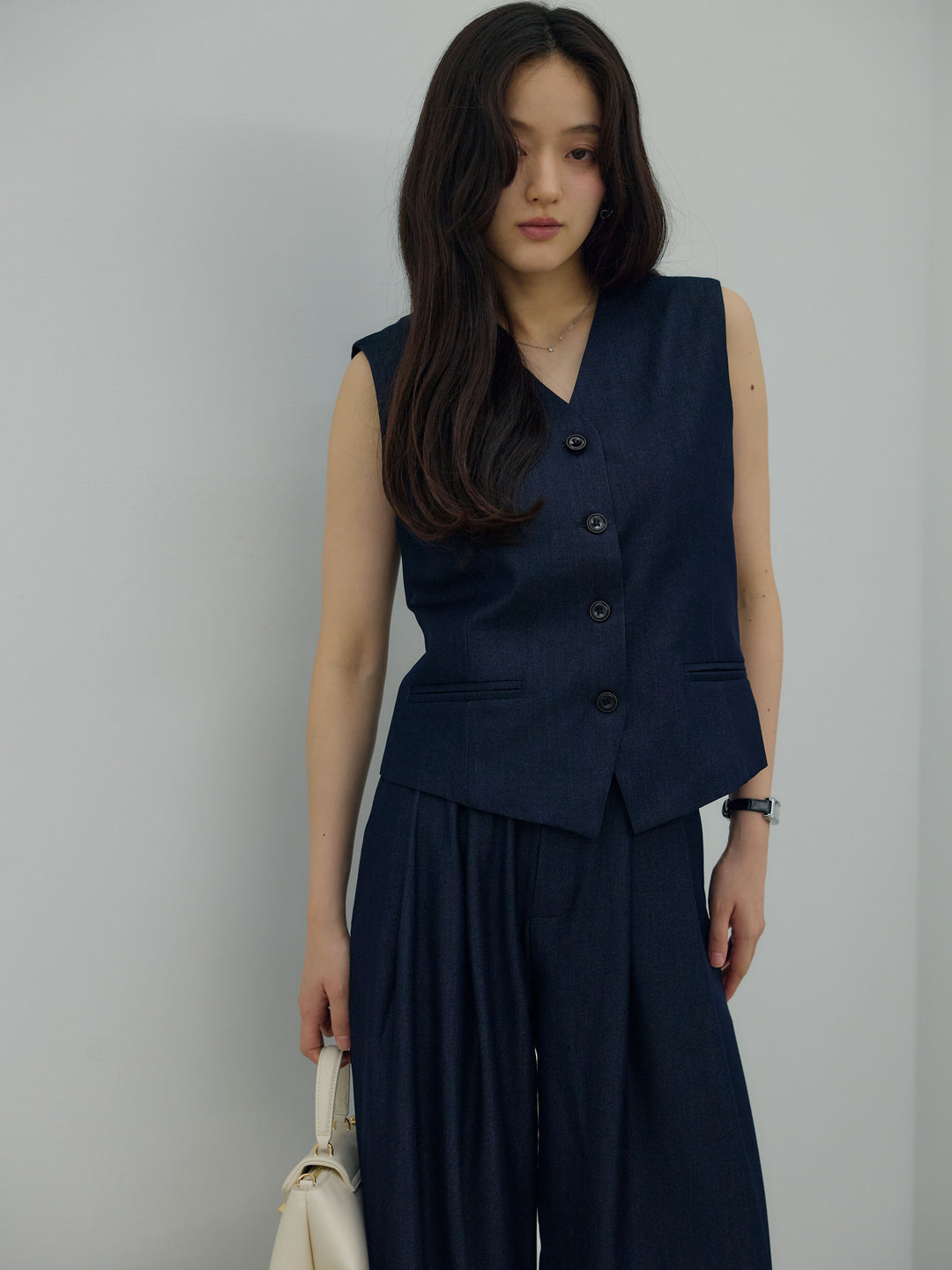 【Luxe series】グロッシーデニムライクベスト&グロッシーデニムライクタックパンツSET UP