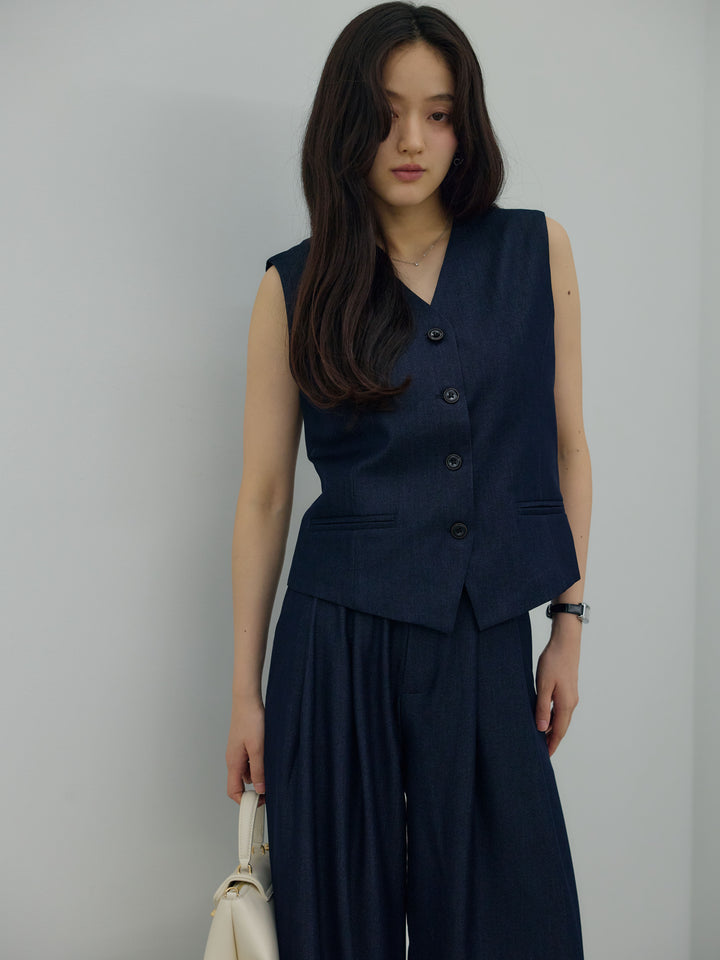 【Luxe series】グロッシーデニムライクベスト&グロッシーデニムライクタックパンツSET UP