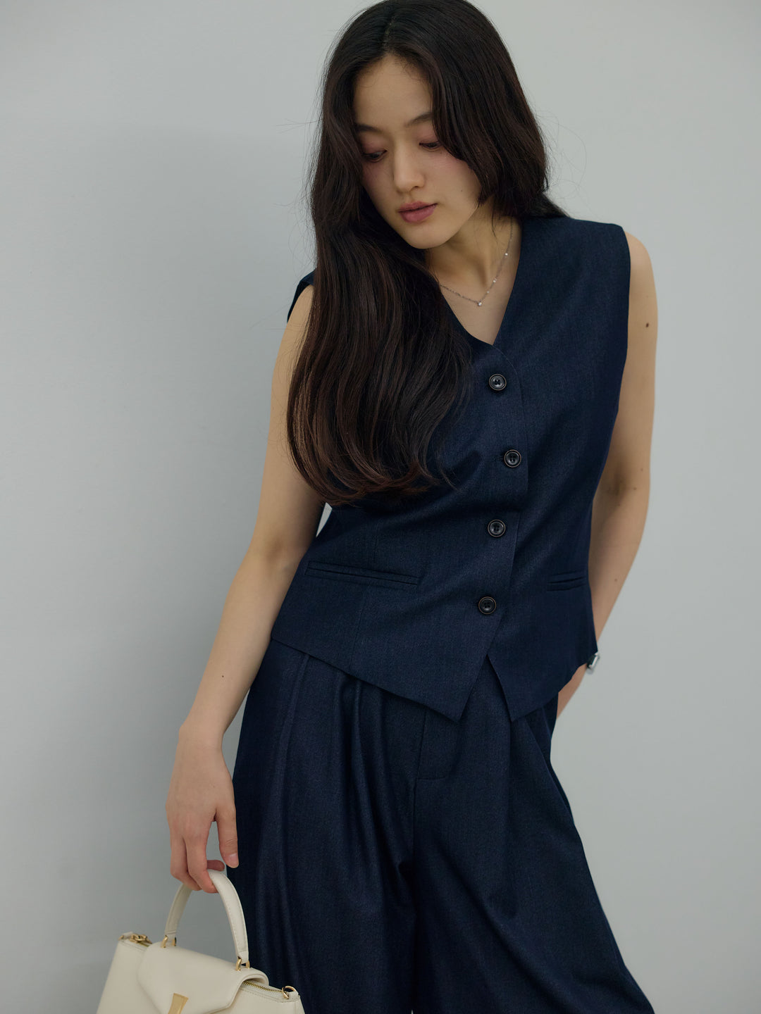 【Luxe series】グロッシーデニムライクベスト&グロッシーデニムライクタックパンツSET UP