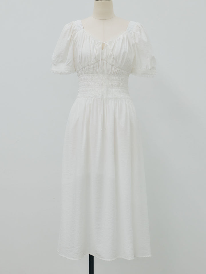 【Essential】Airy lace trim waist shirring one piece