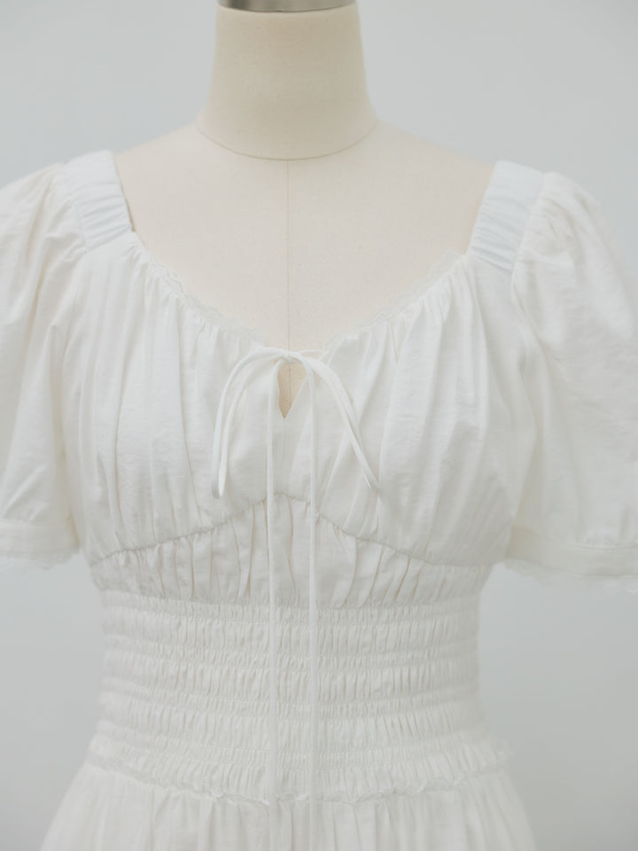 【Essential】Airy lace trim waist shirring one piece