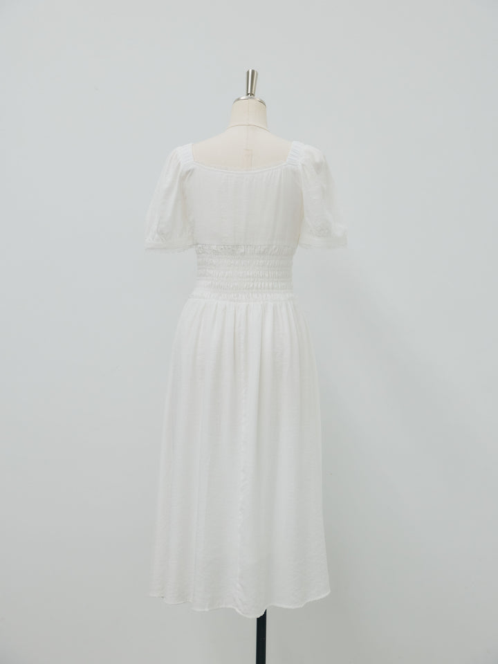 【Essential】Airy lace trim waist shirring one piece