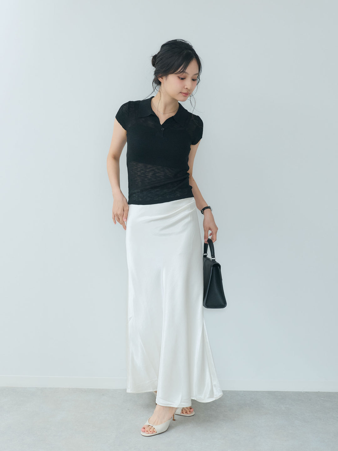 【SET】シアースキッパーニットトップス+サイドタックデザインヘビーサテンスカート(2set)
