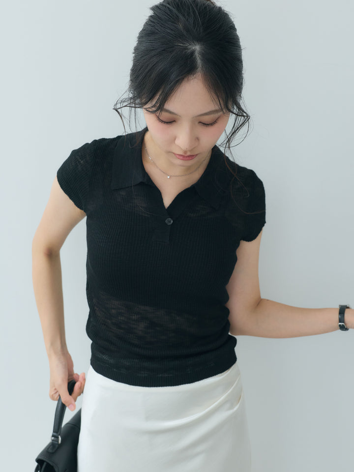 【SET】シアースキッパーニットトップス+サイドタックデザインヘビーサテンスカート(2set)