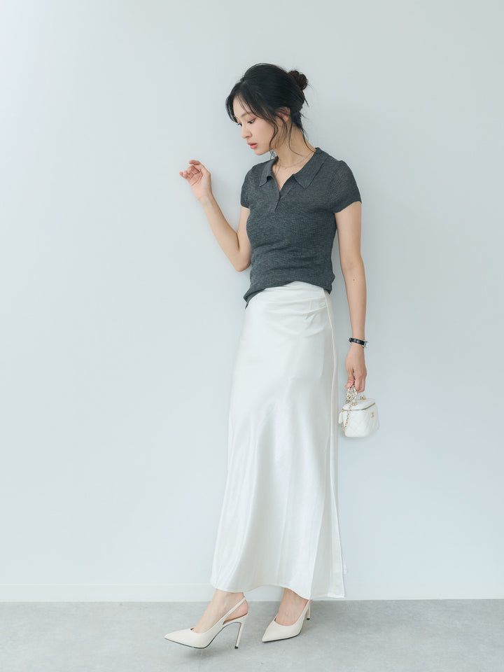 【SET】シアースキッパーニットトップス+サイドタックデザインヘビーサテンスカート(2set)