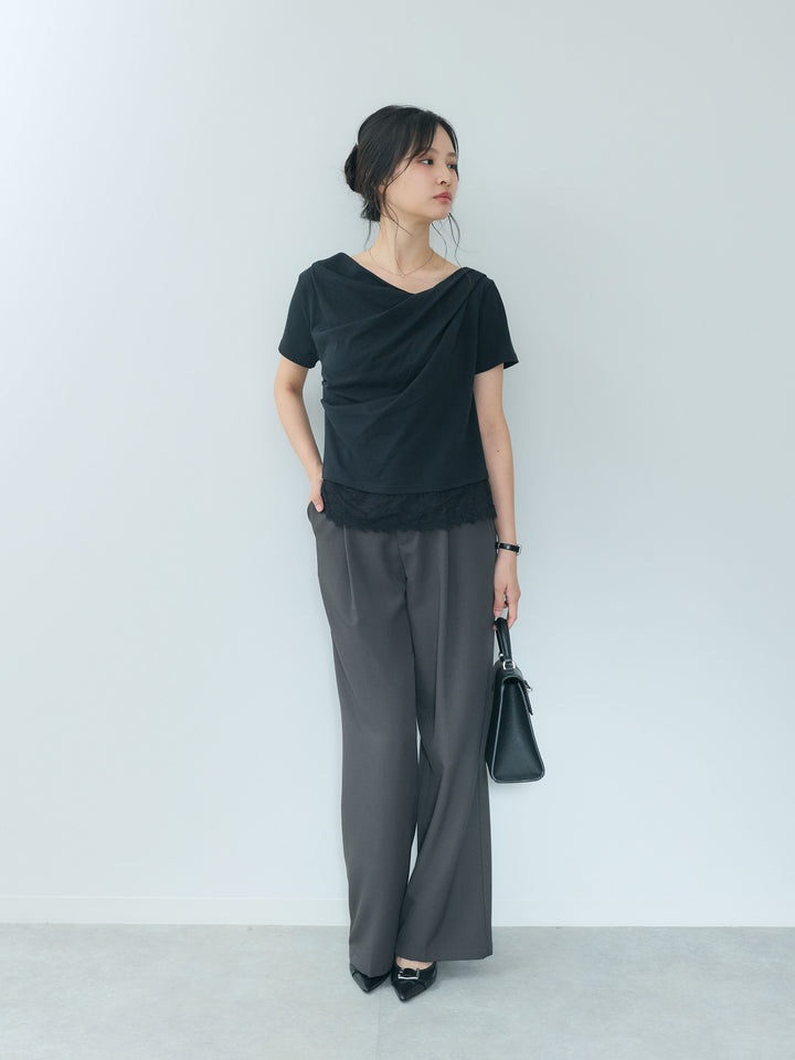 【SET】裾レースデザインドレープカットソー+センタープレスベーシックストレートパンツ(2set)