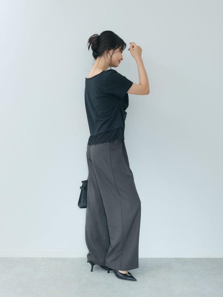 【SET】裾レースデザインドレープカットソー+裾レースデザインドレープカットソー(2set)